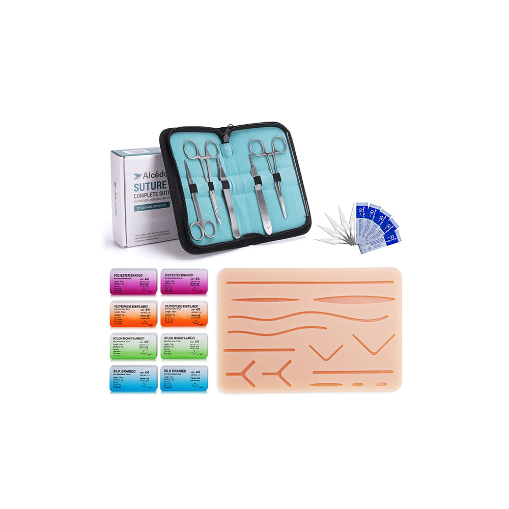 Alcedo Suture Practice Kit for Medical Students Complete Kit (32 Pieces) Include Durable Large Suturing Pad with Pre-Cut Wounds, Tools Kit, and Suture