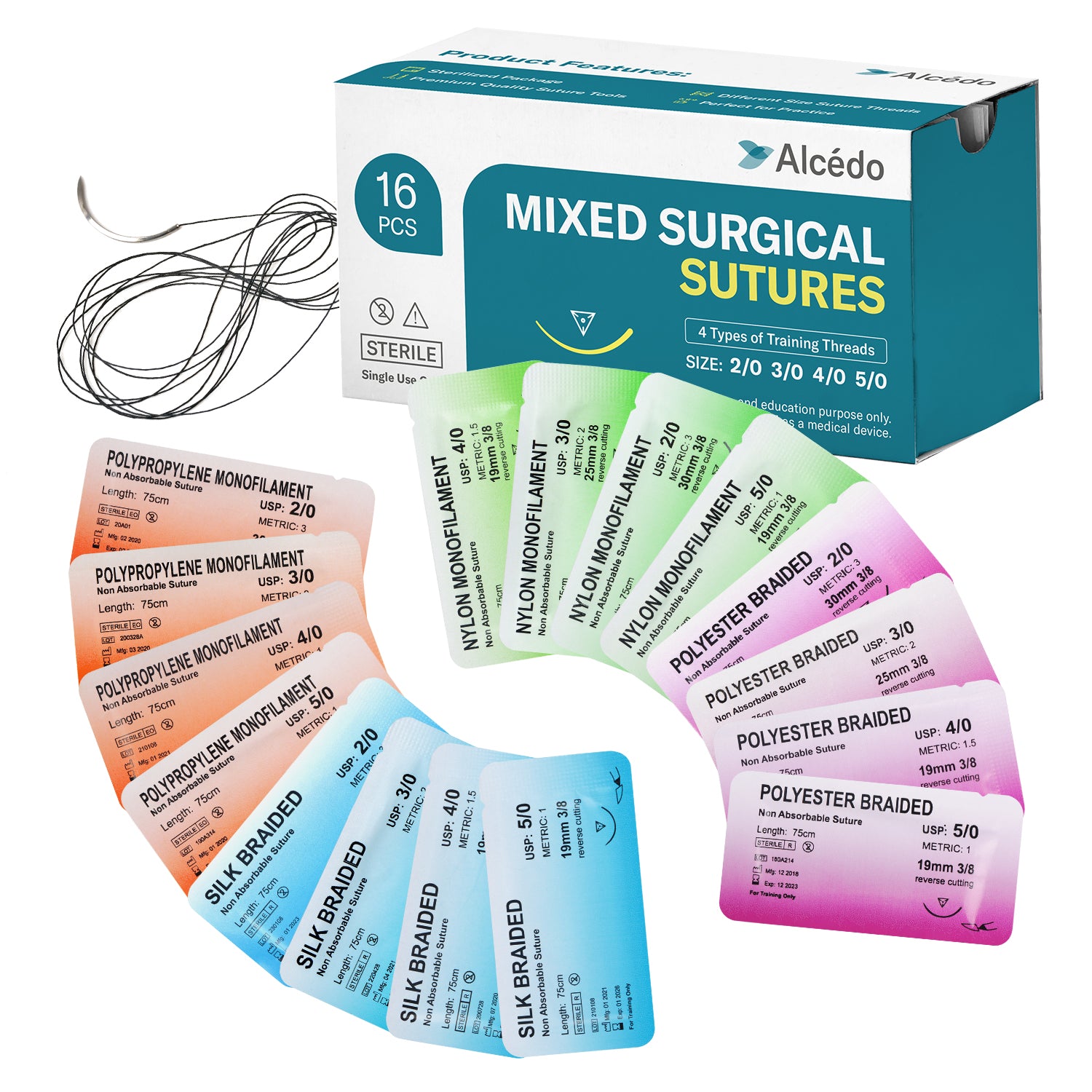 Alcedo Suture Thread with Needle 16 PK