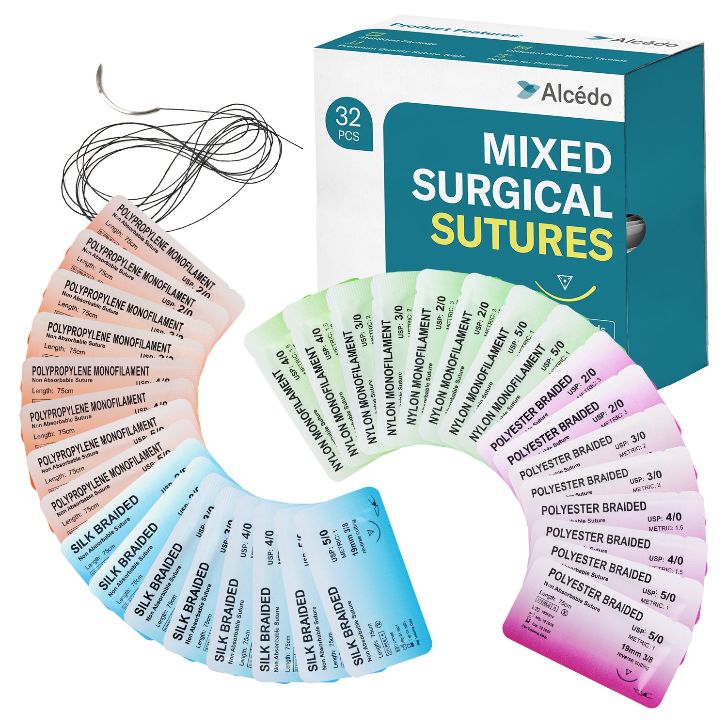 Alcedo Suture Thread with Needle 32 PK