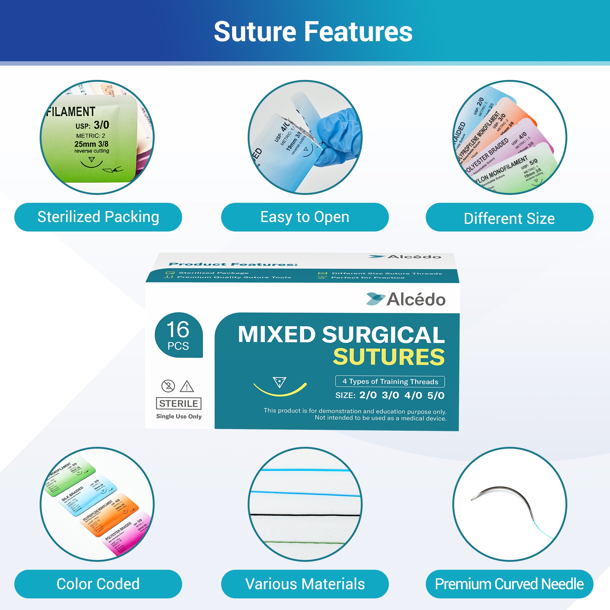 Alcedo Suture Thread with Needle 16 PK