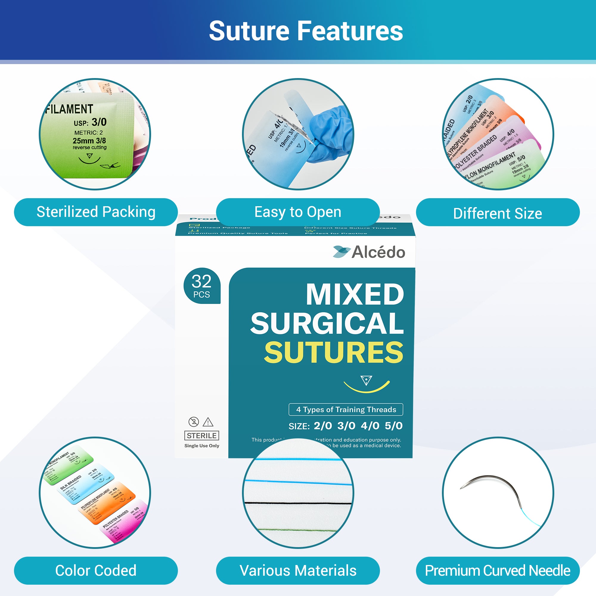 Alcedo Suture Thread with Needle 32 PK