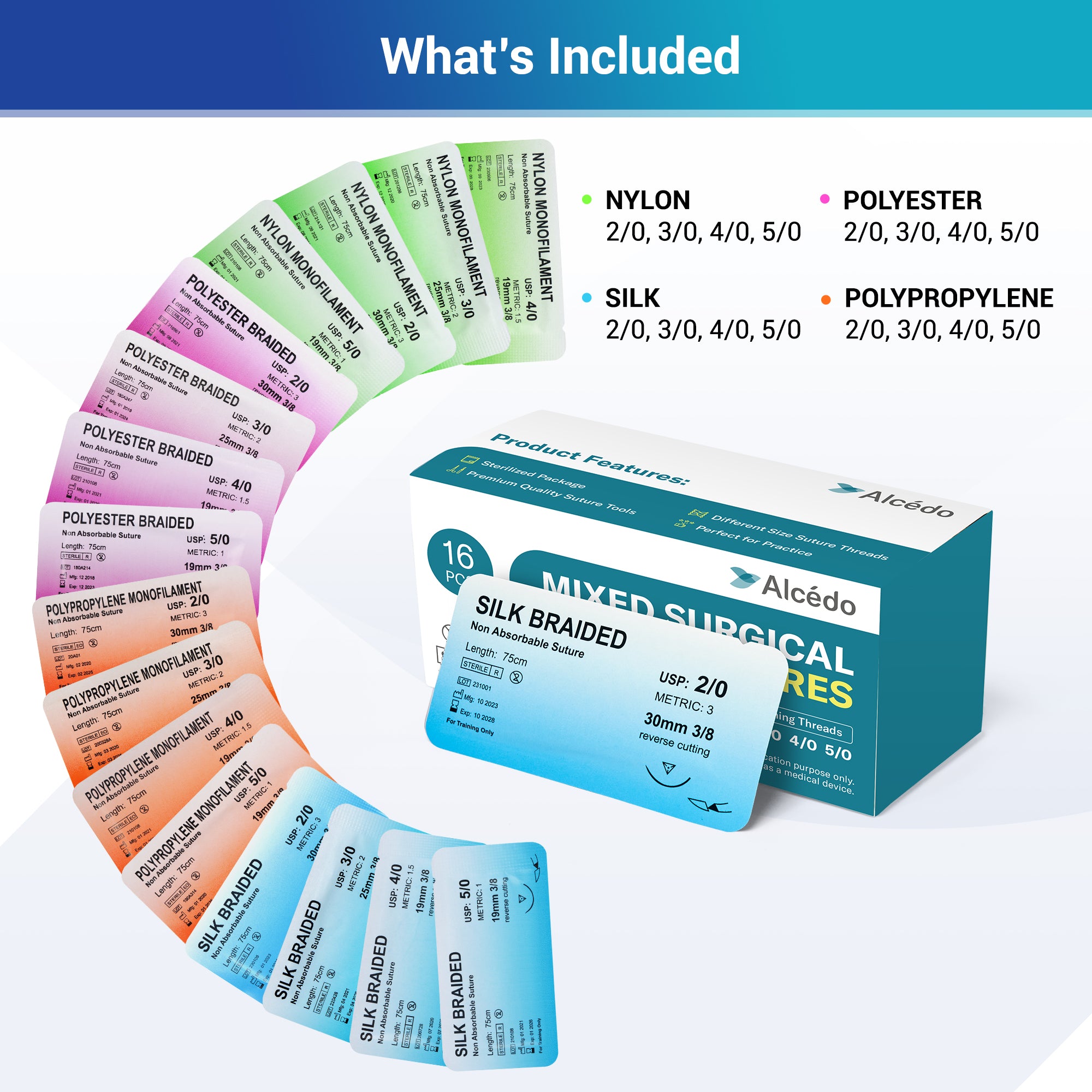 Alcedo Suture Thread with Needle 16 PK