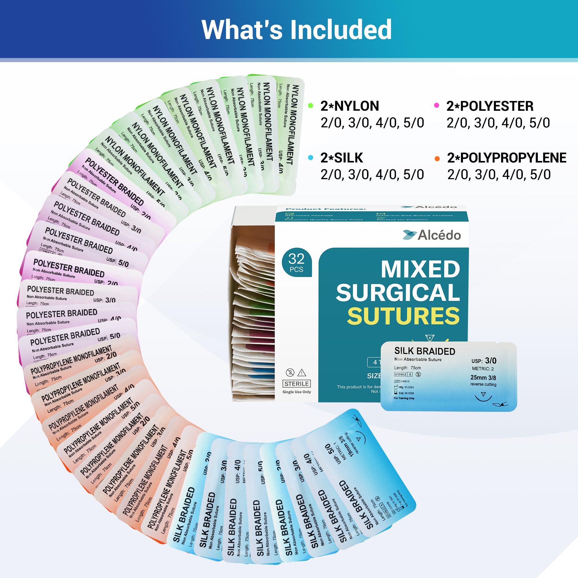 Alcedo Suture Thread with Needle 32 PK